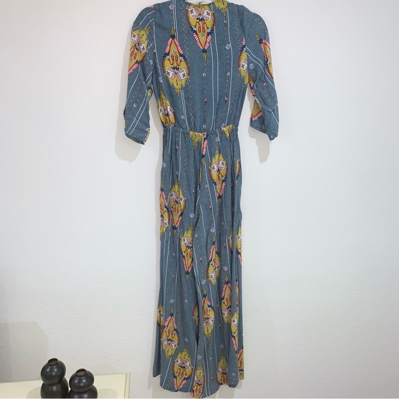 Jaase anthropology Wide‎ Leg Jumpsuit Romper Size Small rayon v neck blue print - Picture 3 of 13